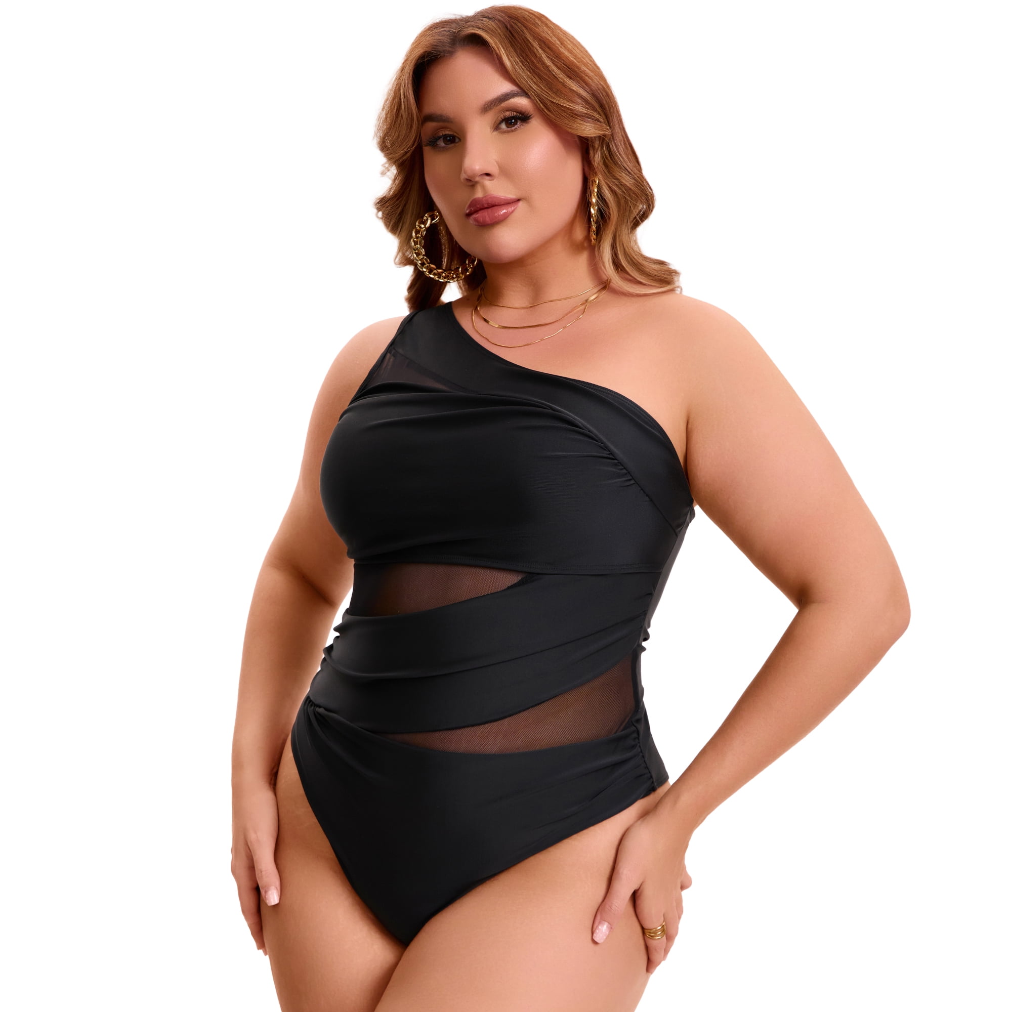 DARING DIVA Women's Plus One Shoulder Swimsuit with Mesh Detail 1X Black