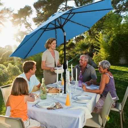 Sun Ray - 9' Round Solar Lighted Umbrella - Steel - 8Rib - Teal