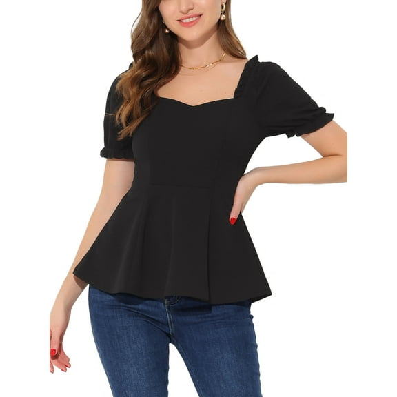 Unique Bargains Women's Sweetheart Neck Puff Sleeve Elegant Ruffle Peplum Blouse Black L