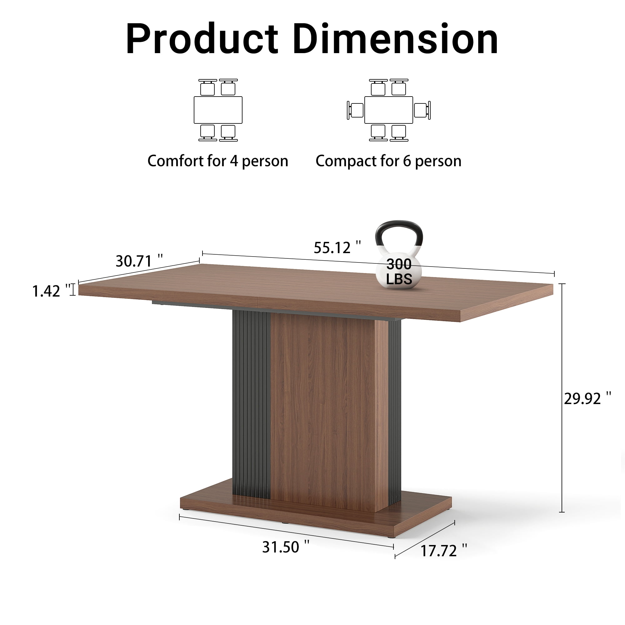 Manora 55.2'' Rectangular Dining Table for 4 People, Wood Farmhouse Dinner Table for Kitchen, Dining Room, Walnut & Black