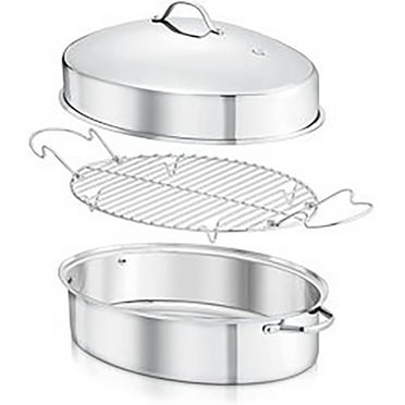 Nutrichef Oval Roasting Pan, Roaster with Polished Rack, Wide Handle and Stainless Steel Lid
