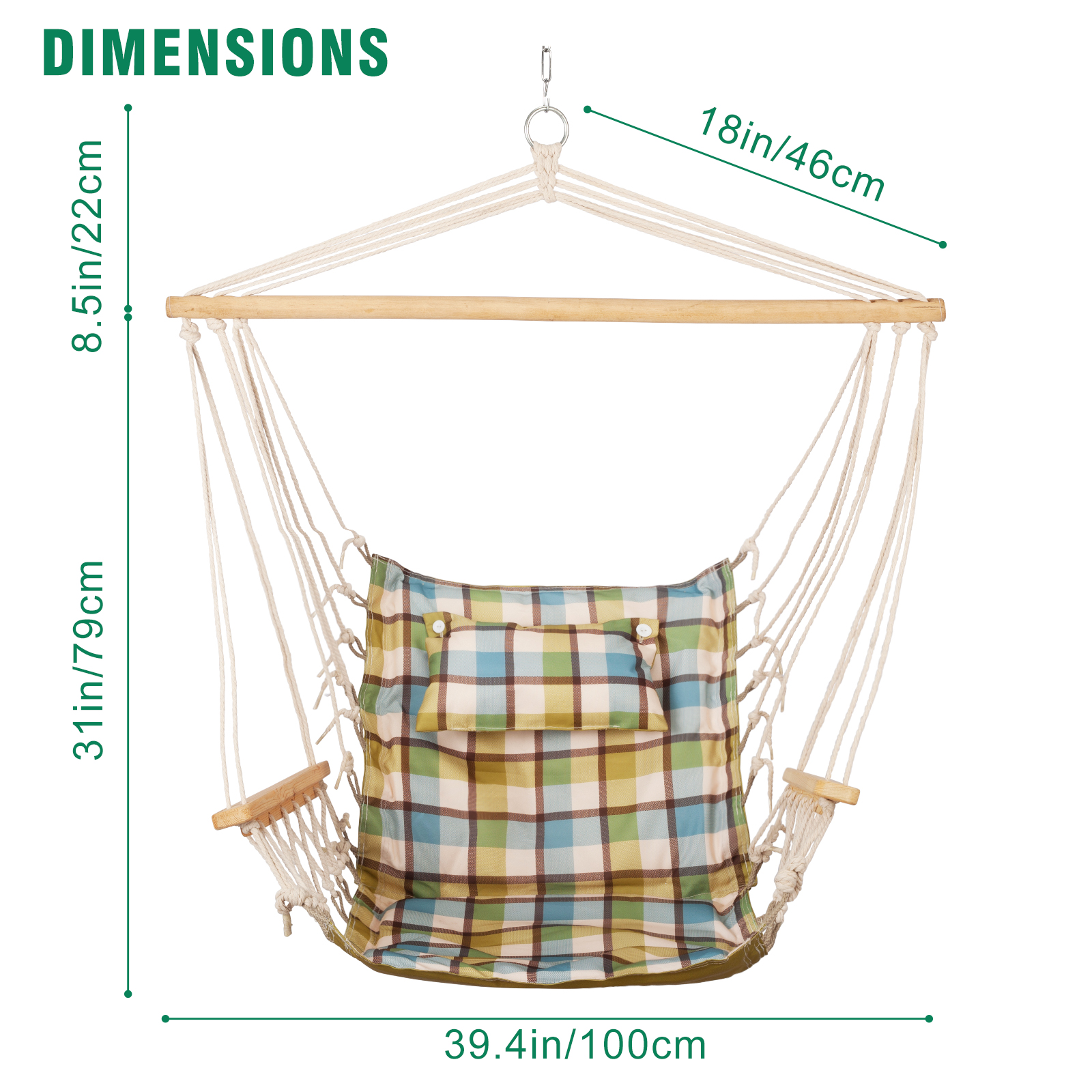 Hanging Chair with Pillow & Arms-Green Plaid