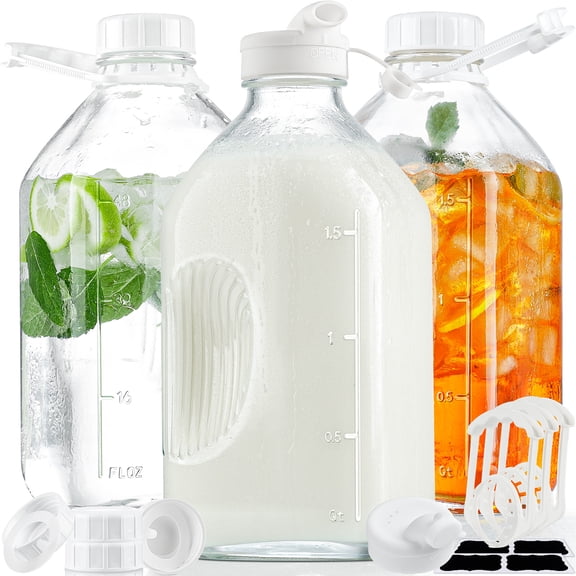 Syntic 3 Pack 64 Oz Glass Milk Bottle with 2 Silicone Spouts, 4 Handles and 4 Reusable Airtight, Glass Water Bottle with 2 Exact Scale Lines - Milk & Juice Jug Pitcher