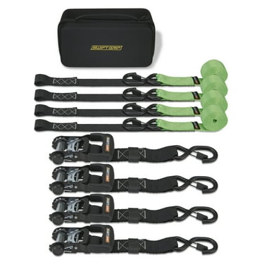 Ratchet Straps Heavy Duty Tie Downs, (4) 1.5"x 8' Heavy Duty Ratchet Strap with Integrated Soft Tie Hook, UTV Tie Down Straps, Motorcycle Tie Down Straps, Padded Handles & Coated Chromoly Hooks, Black