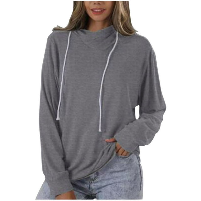 Womens Tops Solid Color V Neck Loose Drawstring Hooded Sweat Casual Trendy Soft Plus Size Breathable Going Out Shirts (Medium, Gray)