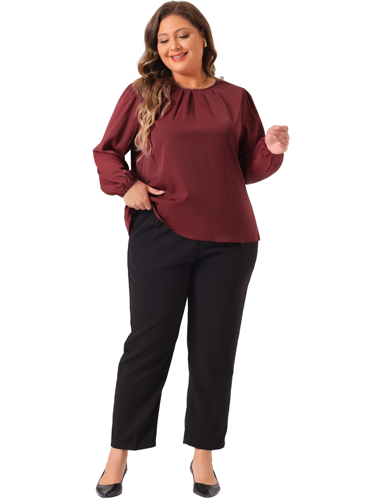DARING DIVA Women's Plus Crew Neck Pleated Blouse 3X Burgundy