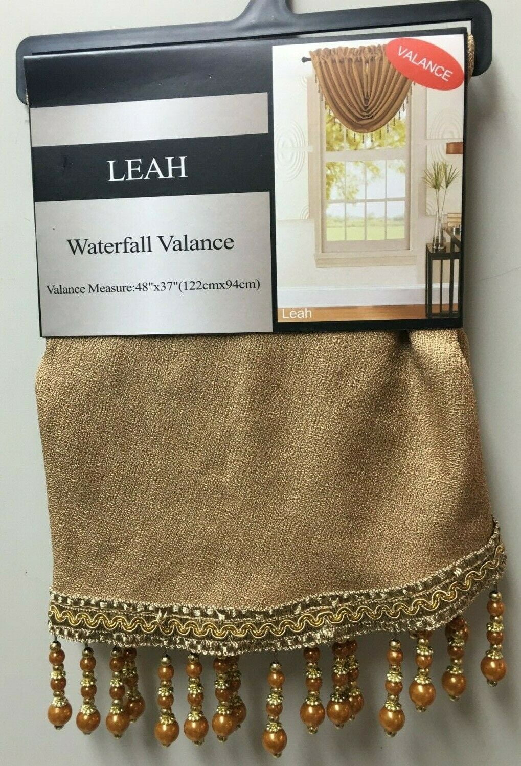 Leah 5 Piece Woven Textured Curtain Set with Beaded Austrian Valances (Gold)