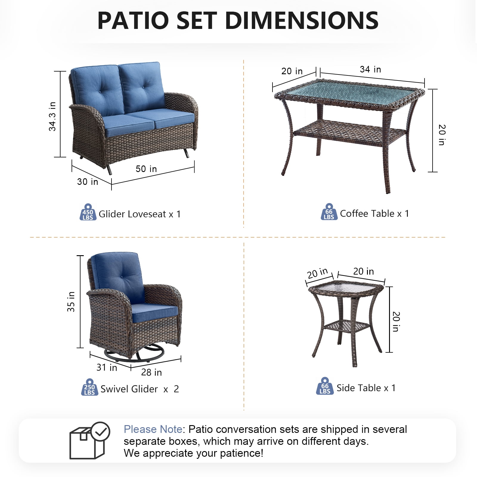 Bellefurn 5 Pieces Outdoor Patio Furniture Sets with Swivel Rocker Chairs Rattan Glider Loveseat and Coffee Table,Wicker Outdoor Conversation Sets for Porch Deck Backyard Poolside