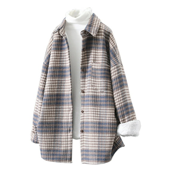 2024 Autumn and Winter Fashion Plaid Jackets for Womens Plus Size Casual Plaid Shirt With Plush And Thickened Warm Button Pockets Long Sleeved Jacket Overcoat