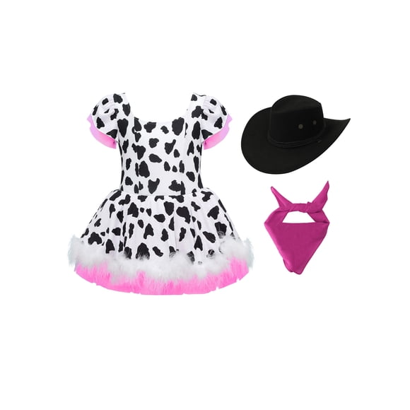 Jhaoyu Kids Girls Western Cowgirls Outfits Cow Printe Cowgirls Dress with Bandan Hats Set for Stage Party Black 14