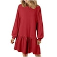 thumbnail image 1 of Lovzfmll Robe Mode Femme Couleur Unie Manches Longues Col Rond Rouge, m, 1 of 5