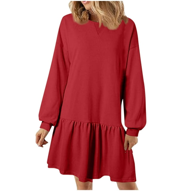 Lovzfmll Women's Fashion Solid Color Fold Long Sleeve Round Neck Dress Red, L