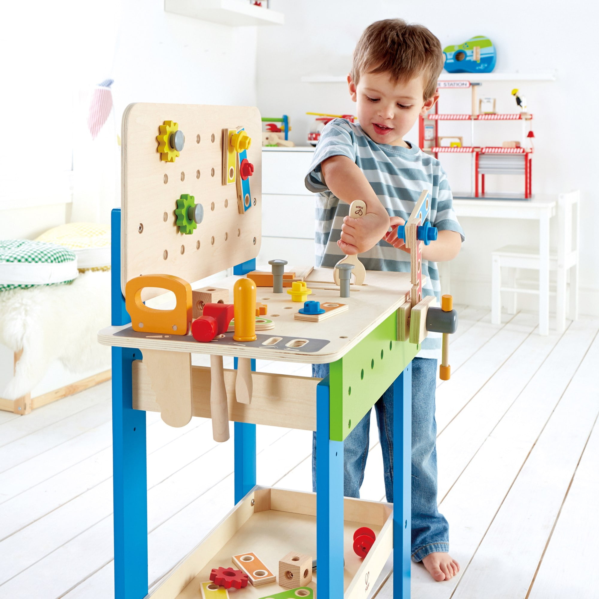 HaPe Kid's Wooden Tool Bench, Adjustable Height, 35 Piece Workshop