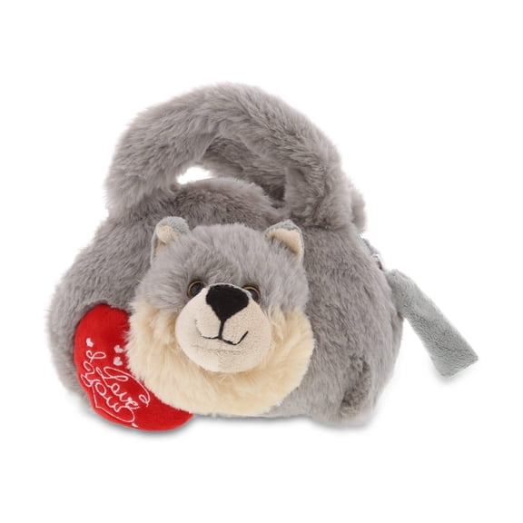 DolliBu I Love You Grey Wolf Plush Handbag with Heart - 7 inches