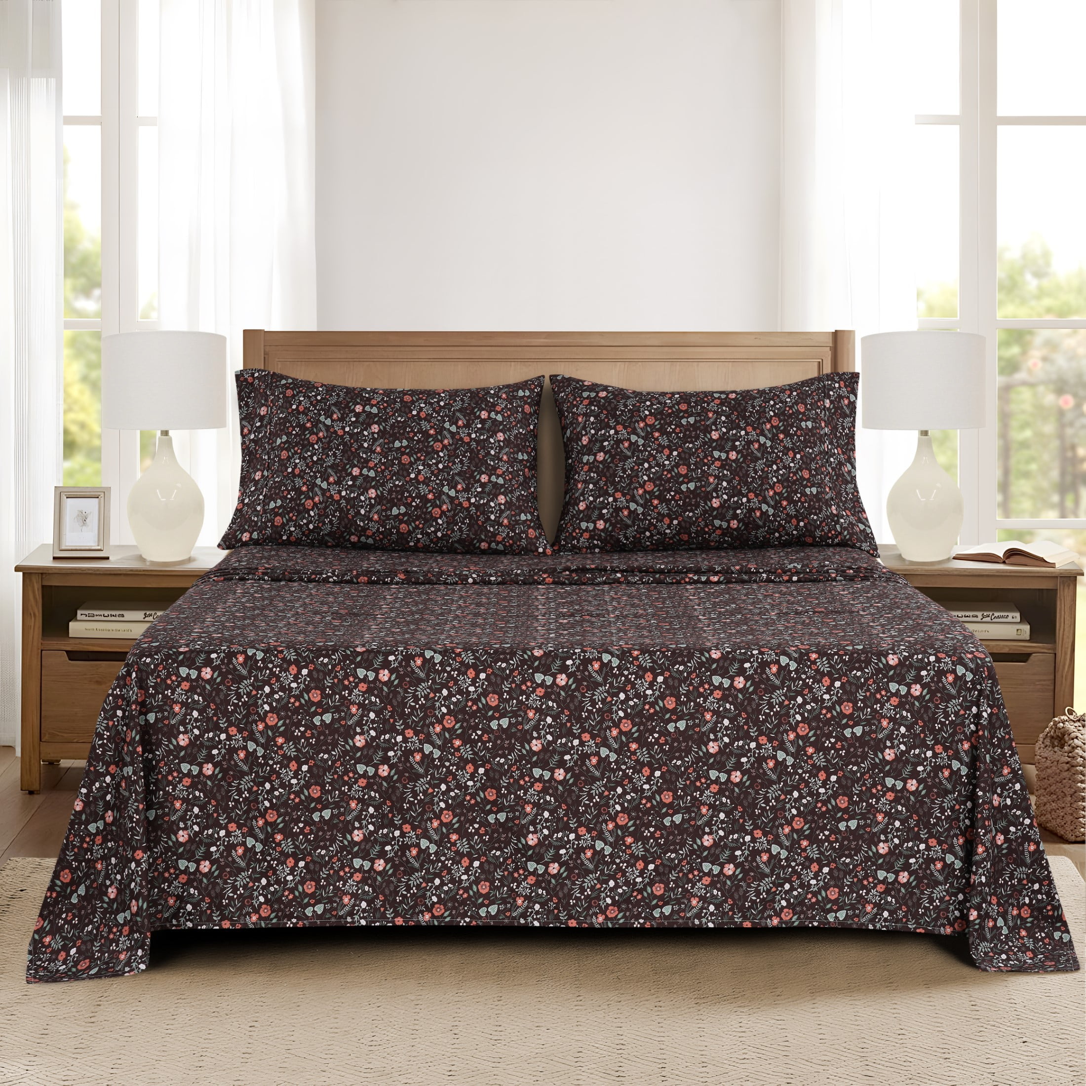 Mainstays Super Soft Brushed Microfiber Pillowcase Set, Dark Brown Floral, Standard/Queen, 2 Piece