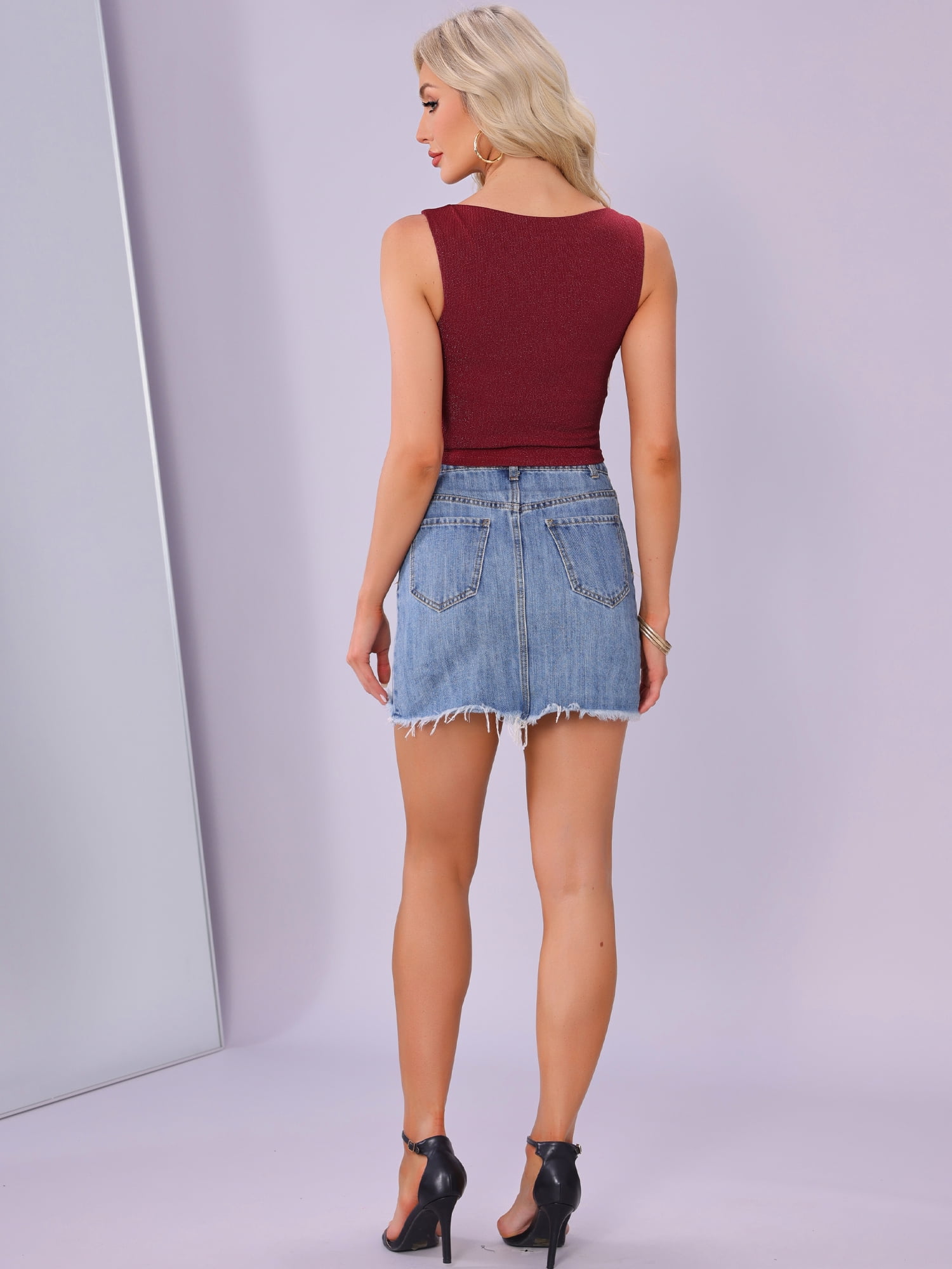 DARING DIVA Women's Glitter Vest Boat Neck Sleeveless Casual Outfit XL Wine Red