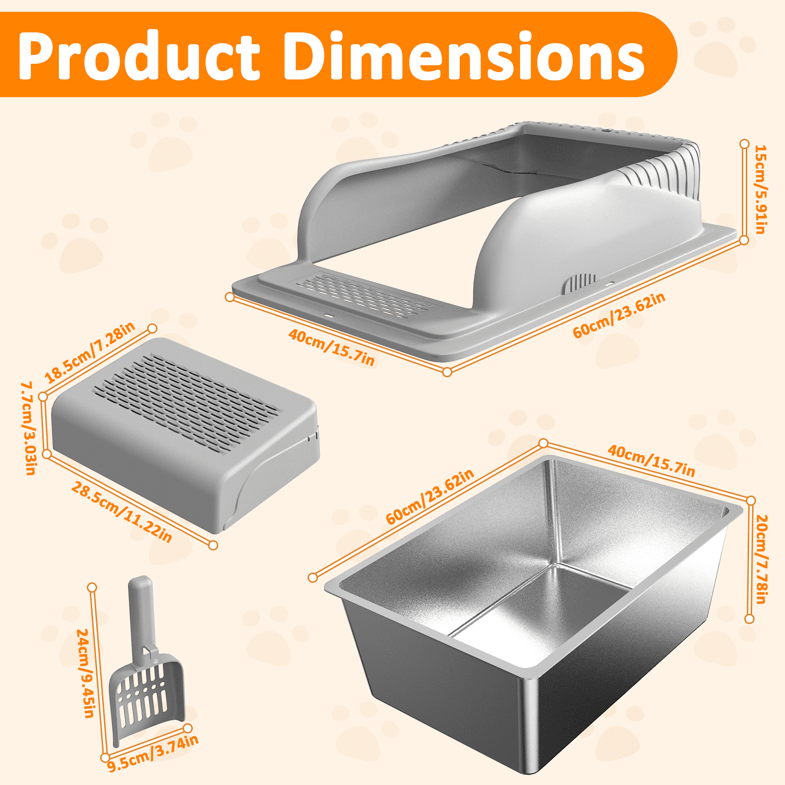 Stainless Steel Cat Litter Box with High Side, Extra Large Litter Box with Lid for Big Cats, Non-Stick Litter Pan with Scoop and Footboard, XL, Gray