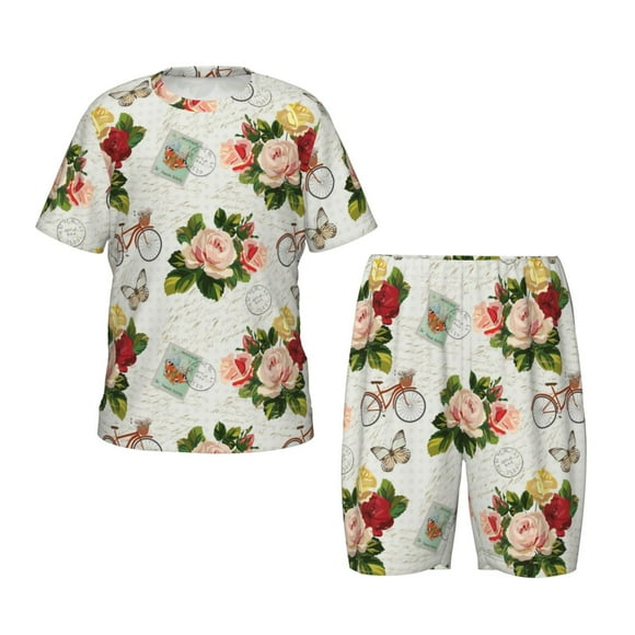Balery Vintage Bike Flower Butterfly Conjunto de Pijama Infantil de Manga Corta con Estampado – Ropa de Dormir de Algodón Suave-X-Large
