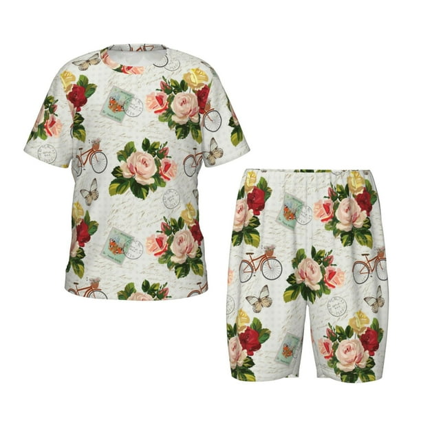 Balery Vintage Bike Flower Butterfly Conjunto de Pijama Infantil de Manga Corta con Estampado – Ropa de Dormir de Algodón Suave-Large