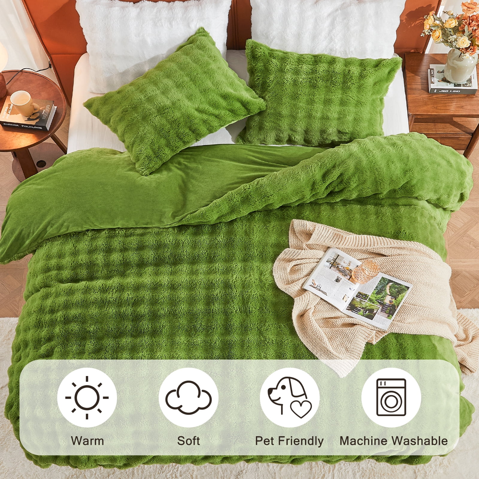 EMME Faux Fur Duvet Cover Queen Size, 3 Pieces Ultra Soft Fluffy Comforter Cover, Cozy Warm for Winter, Luxury Elegant Shaggy Bubble Bedding Sets , 1 Duvet Cover & 2 Pillow Shams (Queen, Green)