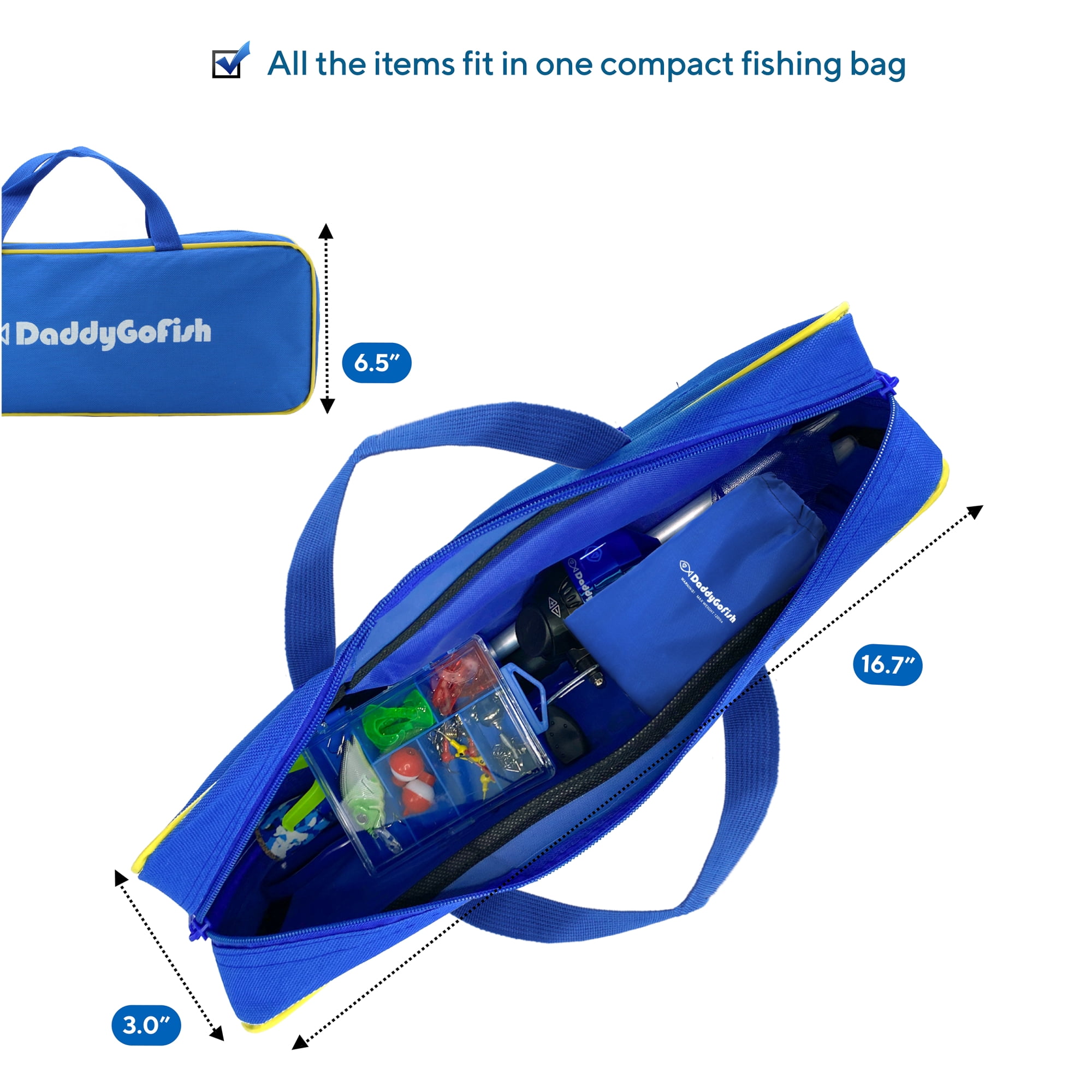 DaddyGoFish Kids Fishing Pole – Telescopic Rod & Reel Combo with Collapsible Chair, Rod Holder, Tackle Box, Bait Net and Carry Bag for Boys and Girls