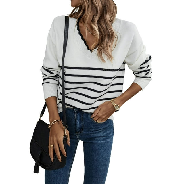 Suéter de Punto para Mujer, Informal, con Cuello en V, Estampado A Rayas, Holgado, de Larga S