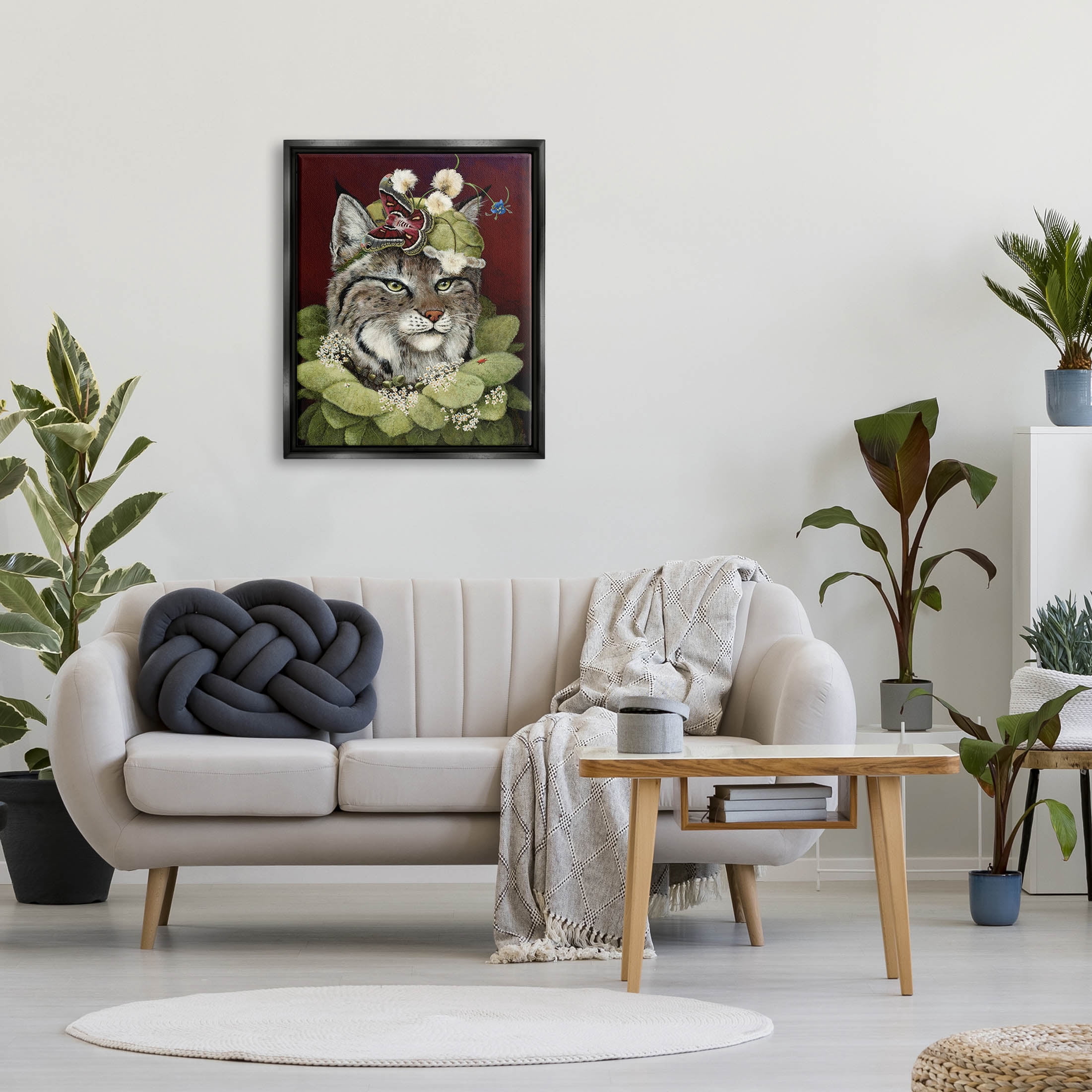 Stupell Industries Bobcat Wearing Leaf Outfit Painting Jet Black Floating Framed Canvas Print Wall Art, Design by Carolyn Schmitz