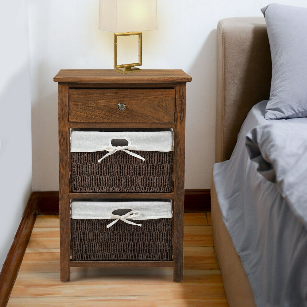 Topcobe Night Stand with 2 Wicker Storage, End Table Storage