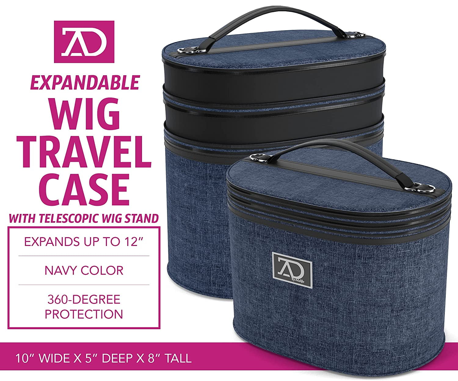 8"-12" Wig Travel Case -High Wig Box with Collapsible Wig Stand - Dome Foam Wig Head Stand in Zipper Carrying Case w/Handle for Safe Traveling Storage of Wigs, Lace Front Cap, Toupee (Denim Navy)