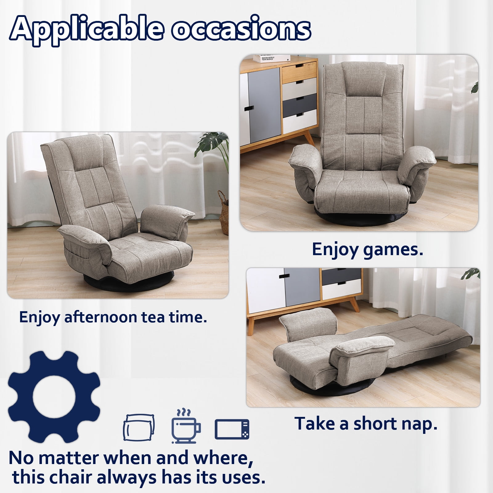 360 Degree Swivel Floor Chairs for Adults, Gaming Floor Chair with Back Support, 14 Angles Adjustable Comfortable Floor Lounge Chair Folding Video Game Chairs Office Bedroom