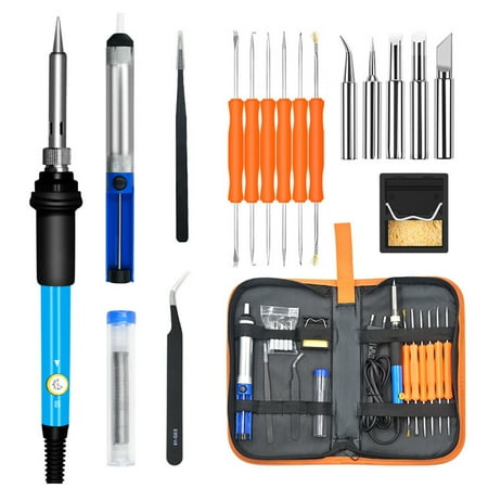 

19pcs 60W Adjustable Temperature Electrical Soldering Iron Kit Thermoregulator Pump Tin Wire Pliers Welding Tools Storage Bag with US Plug (Random Color)