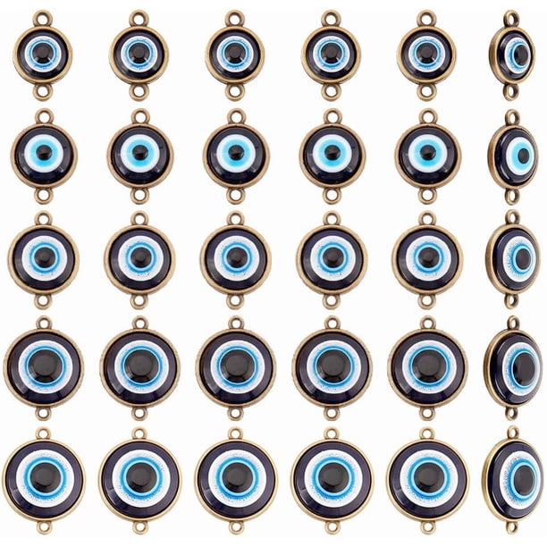 30 conectores de pavo de 5 tamaños diferentes, colgantes de ojo malvado de bronce, colgantes redondos planos para collares, pendientes, pulseras, manualidades decorativas.