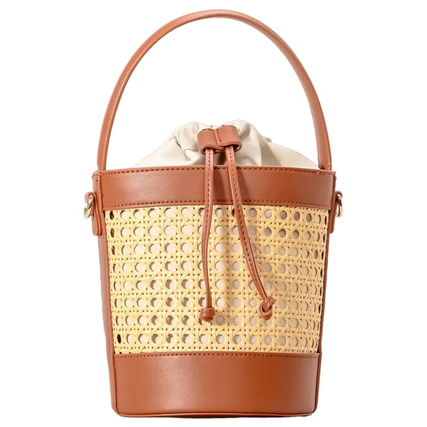 Bolso Rattan PU Cuero Paja Playa Vacaciones Viaje Bolso para Mujer Marrón