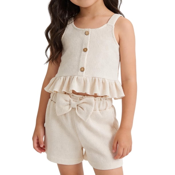 Conjunto de Mesa Redonda Niñas de Moda Casual Manga Corta Cuello Redondo Botón Pantalones Cortos Impresos Conjuntos para Viajes Diarios Casa Conjunto de Pantalones para Niñas de Vacaciones