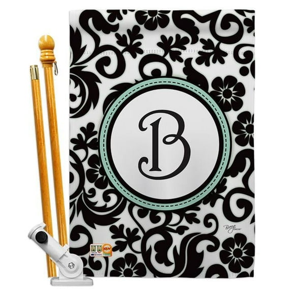 Breeze Decor BD-SB-HS-130054-IP-BO-D-US09-BD 28 x 40 in. Vertical Damask B Initial Interests Simply Beauty Impressions Decorative Double Sided House Flag Set with Pole & Bracket Hardware