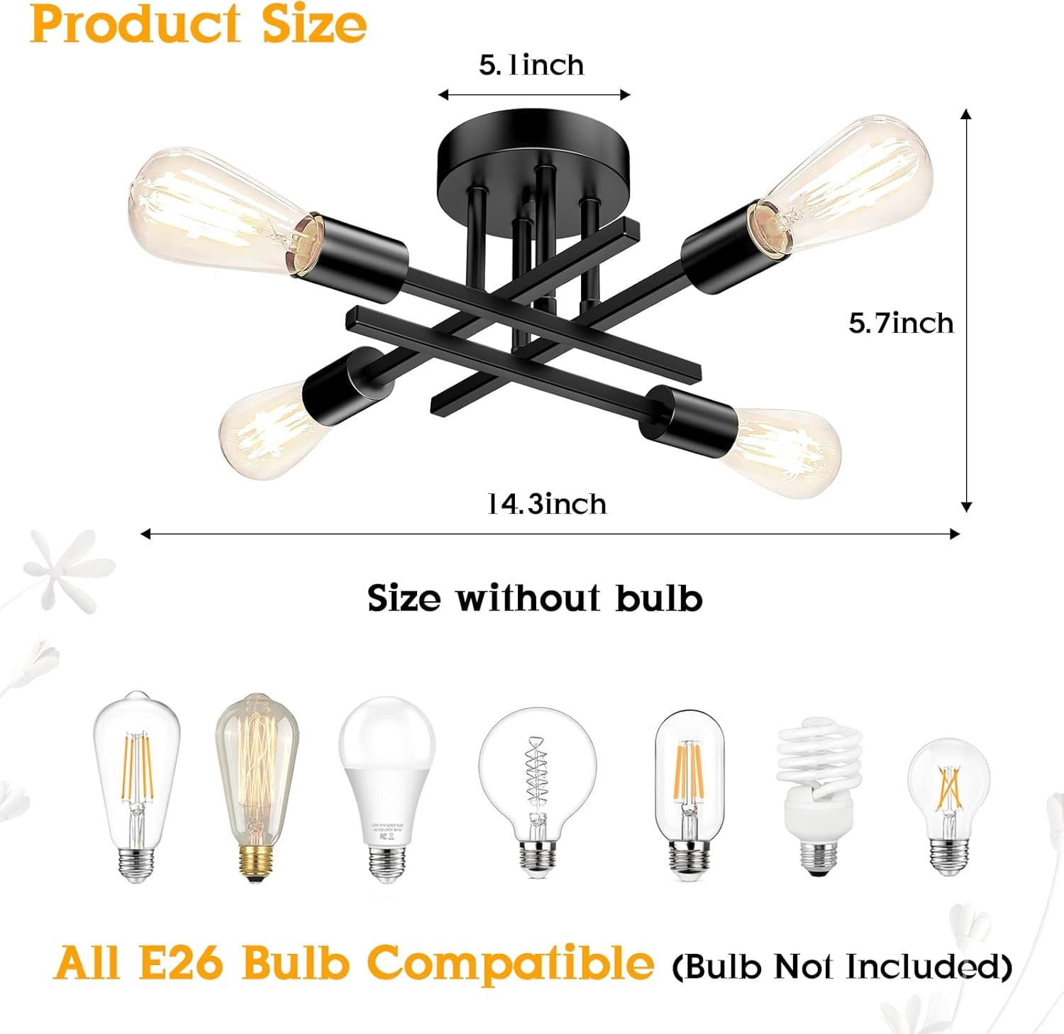 Nordic Hygge Semi Flush Mount Ceiling Light Fixture Matte with 4 Light E26, Black