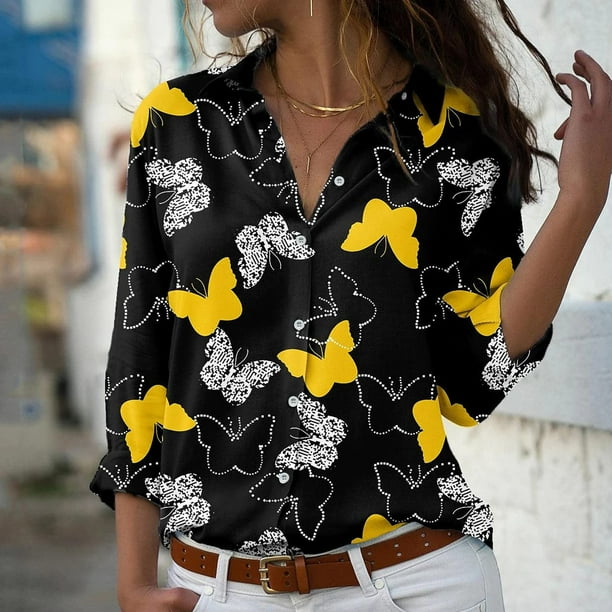 Abcnature Womens Tops Casual Turn-Down Collar Butterfly Printed Long Sleeve  Slimming Blouse T-shirt Tops Yellow M