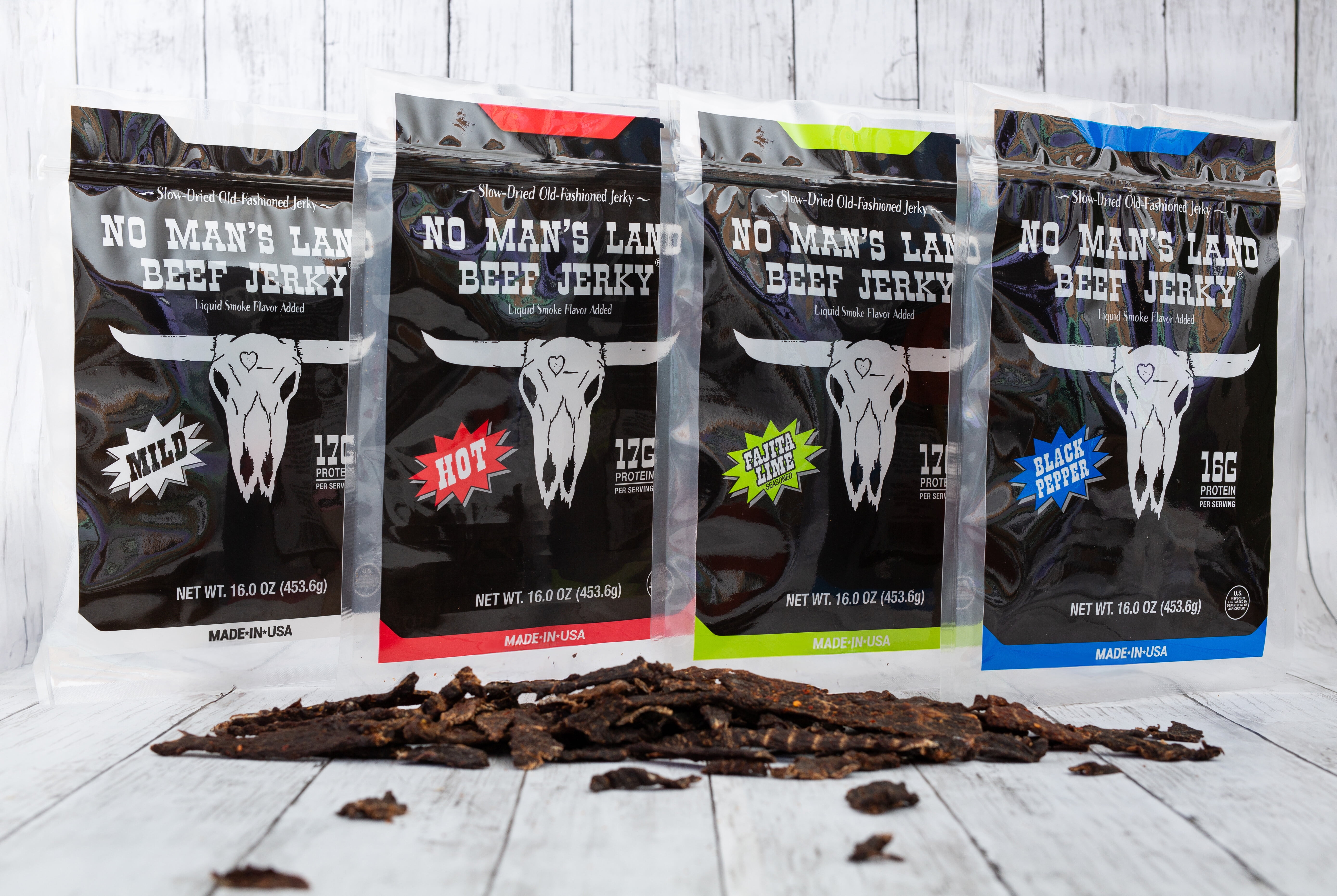 No Man's Land Beef Jerky, Black Pepper, 16g of Protein per Serving, 16oz Bag