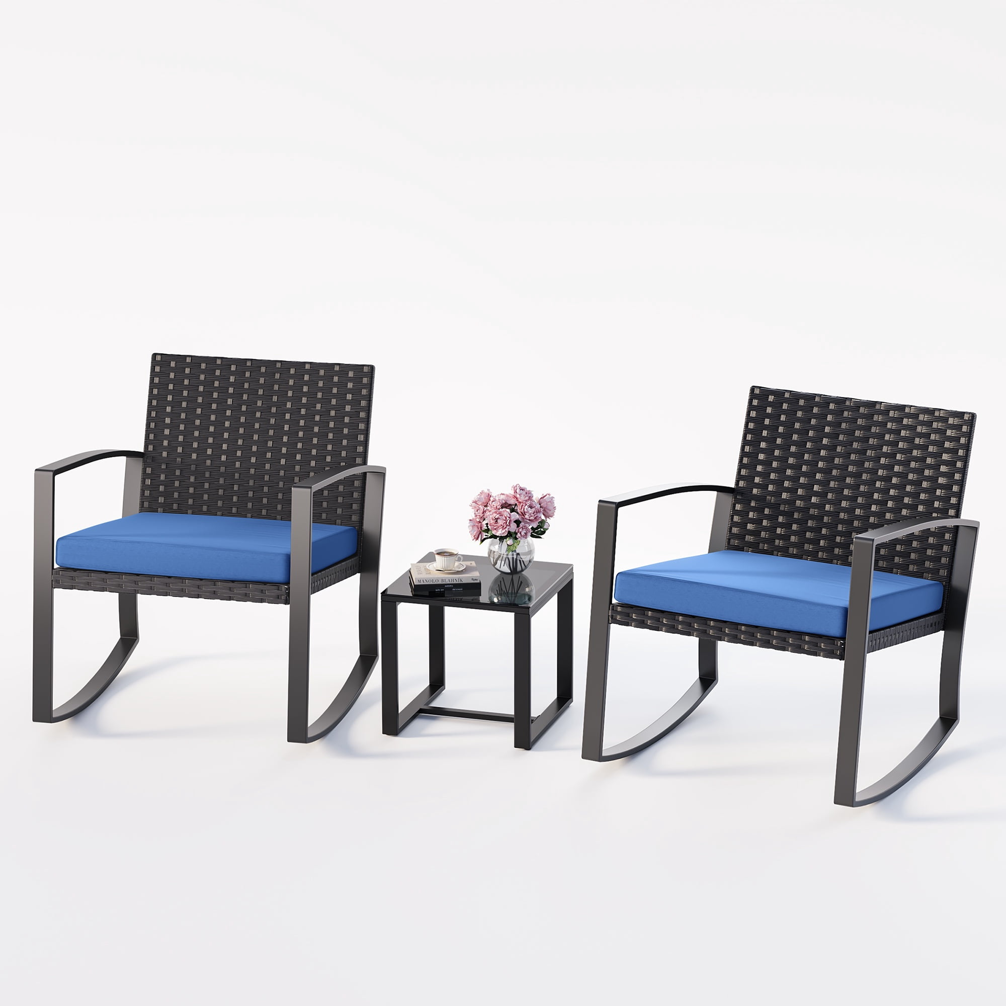 Noelse 3 Piece Wicker Rocking Chair Set, Outdoor Patio Furniture with Table and Cushions for Balcony, Blue