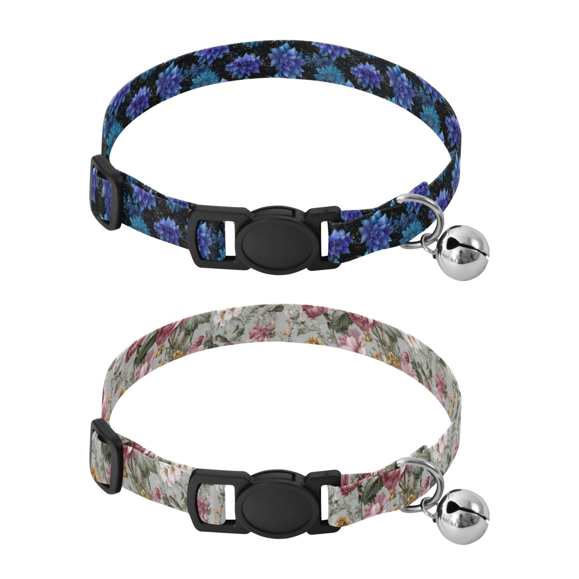 Personalized Comfortable Soft Pet Collar With Bell Design For Dogs Cats Blue Bellflowers Roses Blooming