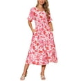 thumbnail image 1 of INSPIRE CHIC Vestidos de Verano Boho para Mujeres con Escote en V, Manga Corta, Cintura con Cinta, Fluido, Con Abertura, Floral, Maxi Vestido de Playa M Rosa, 1 of 5
