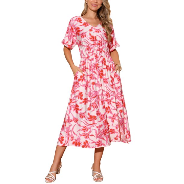 INSPIRE CHIC Vestidos de Verano Boho para Mujeres con Escote en V, Manga Corta, Cintura con Cinta, Fluido, Con Abertura, Floral, Maxi Vestido de Playa M Rosa