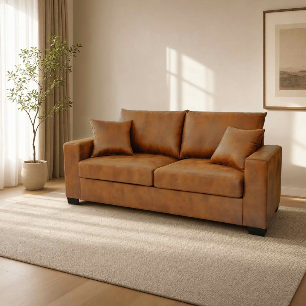 MAYEERTY 69 Inch 2‑Seater Upholstered Sofa, Textured Fabric Couch with 2 Throw Pillows and Plastic Legs for Apartment, Living Room, Home Office
