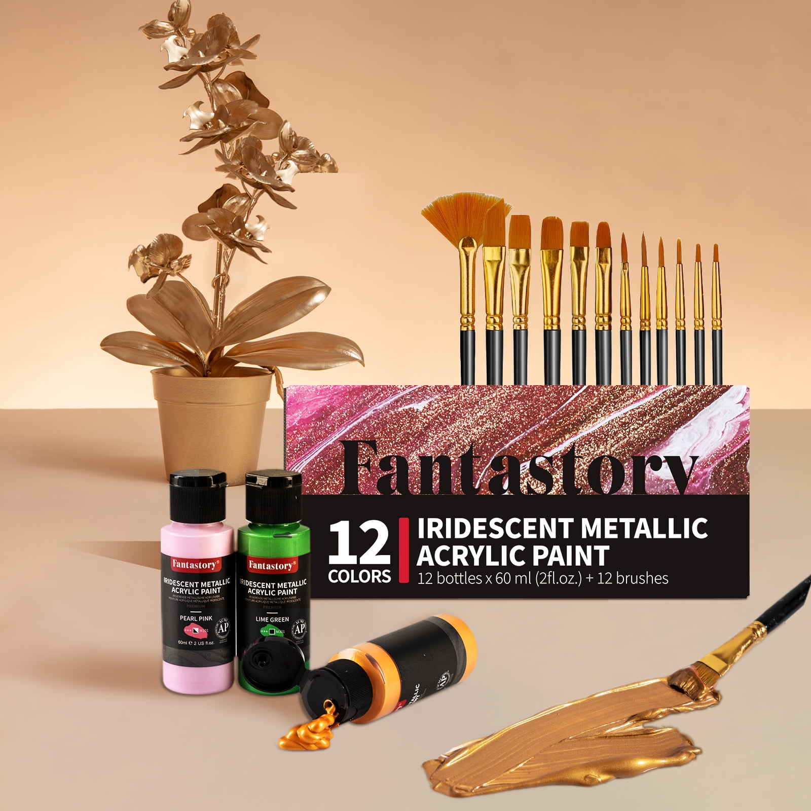 Fantastory Metallic Iridescent Acrylic Paint Set with 12 Brushes, 12 x 2oz Craft Paint Kit