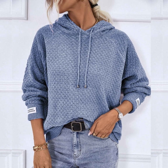 Lilgiuy Ladies Solid Color Hooded Pullover Casual Sweater Top Women，Blue,S Winter Fashion 2022