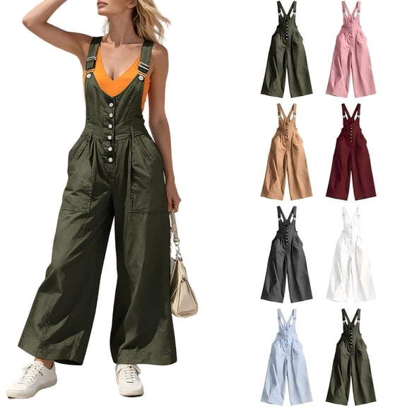 Tqcoqu Summer Jumpsuits for Women Button Down Sleeveless Casual Jumpers Loose Wide Legs Rompers Overalls with Pockets,Black,Women's S-XXL