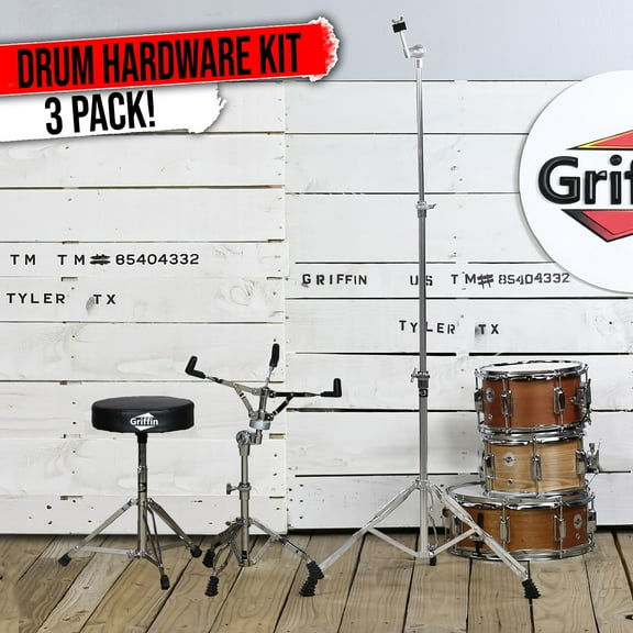 Griffin 3-PACK Drum Throne, Snare Stand & Cymbal Stand Percussion BUNDLE Mount