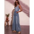 thumbnail image 6 of Women'S Denim Overalls Jumpsuits Sleeveless Button Down V Neck Wide Leg Jeans Long Pants Rompers Light Blue L, 6 of 8