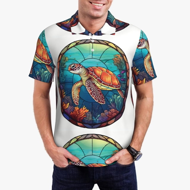 Balery Sea Turtle in Coral Camisa Polo de Hombre con Estampado, de Manga Corta y Tejido Medio, Camisa Tipo Golf Polo-XX-Large