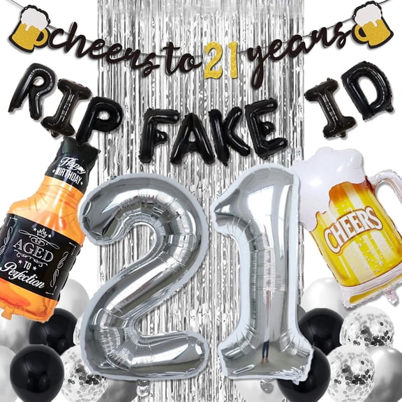 Osmanthus 21st Birthday Decorations for Him - Black & Silver 21st Birthday Decor for Her with Cheers 21 Years Banner, Curtains, Confetti & Number Balloons